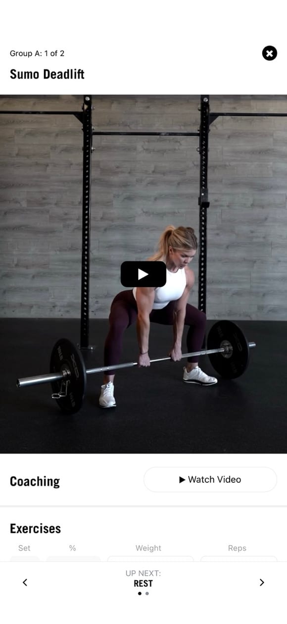 The Naked Training app showing a Sumo Deadlift workout with a coaching video